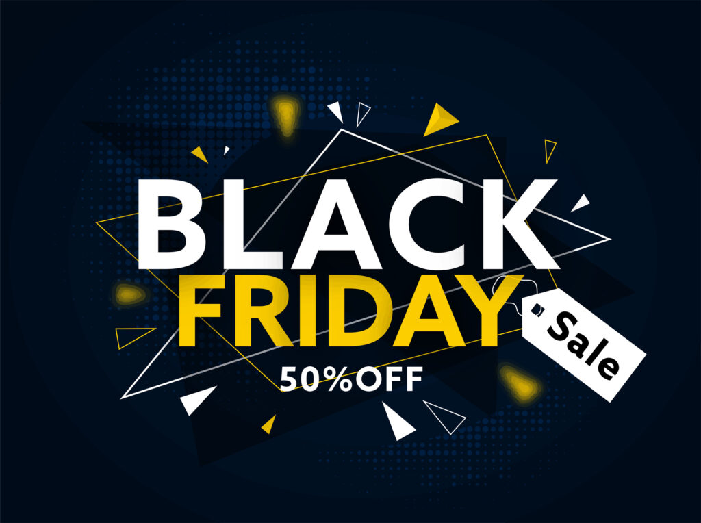 Black Friday Sale Poster Design with 50% Discount Offer and Triangle Elements on Dark Blue Halftone Effect Background.