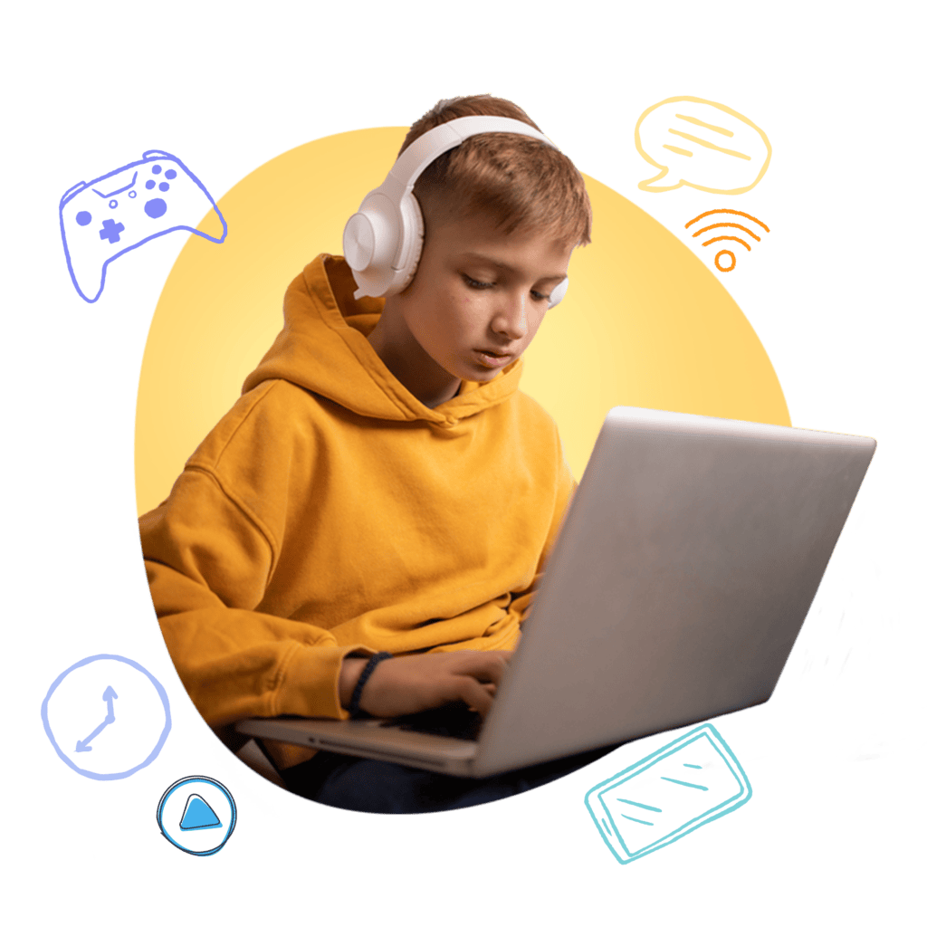 Boy in yellow shirt on a laptop wearing headphones. Join the FREE Screen Time & Mental Health Summit